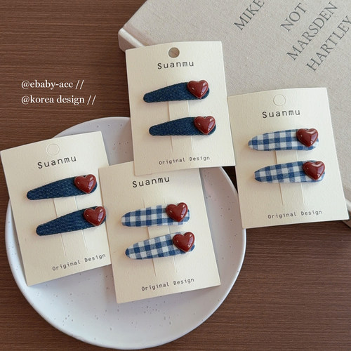 韩系复古格子爱心BB夹发饰