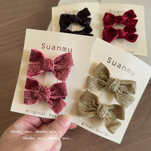 新女童高级感亮丝蝴蝶结发卡新年发饰公主红色闪闪蝴蝶结发圈头绳