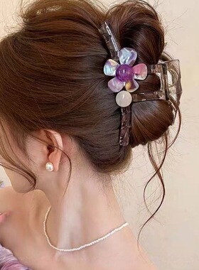 春夏幻彩紫花朵抓夹女大号发量多鲨鱼夹2026新款高级感后脑勺发饰