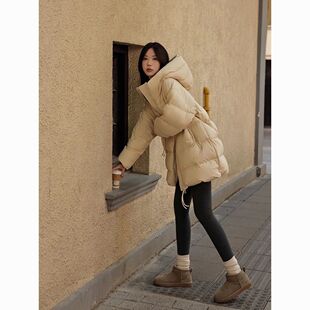 泡芙羽绒服女冬季新款白鸭绒时尚宽松中长款连帽外套芝士黄浅灰色