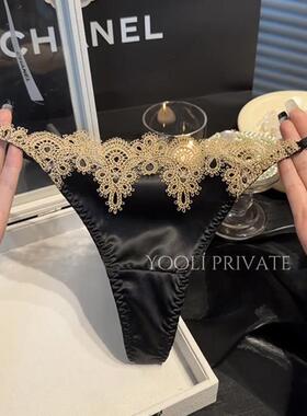 欧美复古内裤女蕾丝水溶花边低腰丁字裤女性感迷人诱惑女T裤棉裆