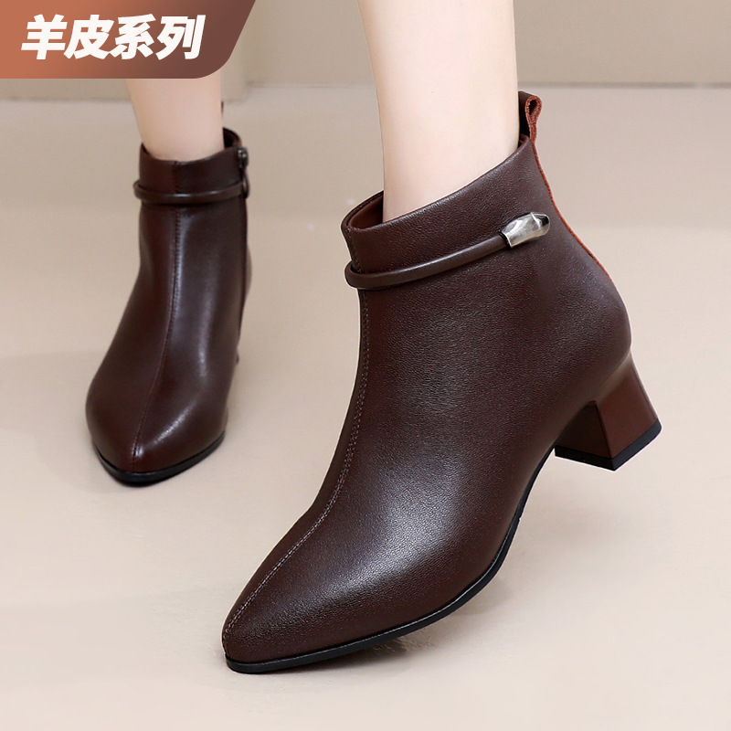 2025秋冬时尚真皮短靴女百搭复古马丁靴圆头粗跟加绒切尔西棉靴