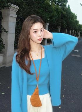 chic甜辣减龄高级感独特漂亮小个子蓝色针织开衫吊带两件套装女秋