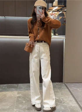 2025秋冬搭配一整套韩系软糯时尚减龄针织毛衣牛仔阔腿裤两件套装