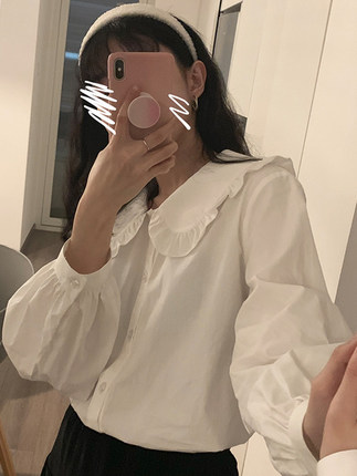 复古娃娃领白色衬衫女设计感小众秋冬款法式甜美减龄长袖别致上衣