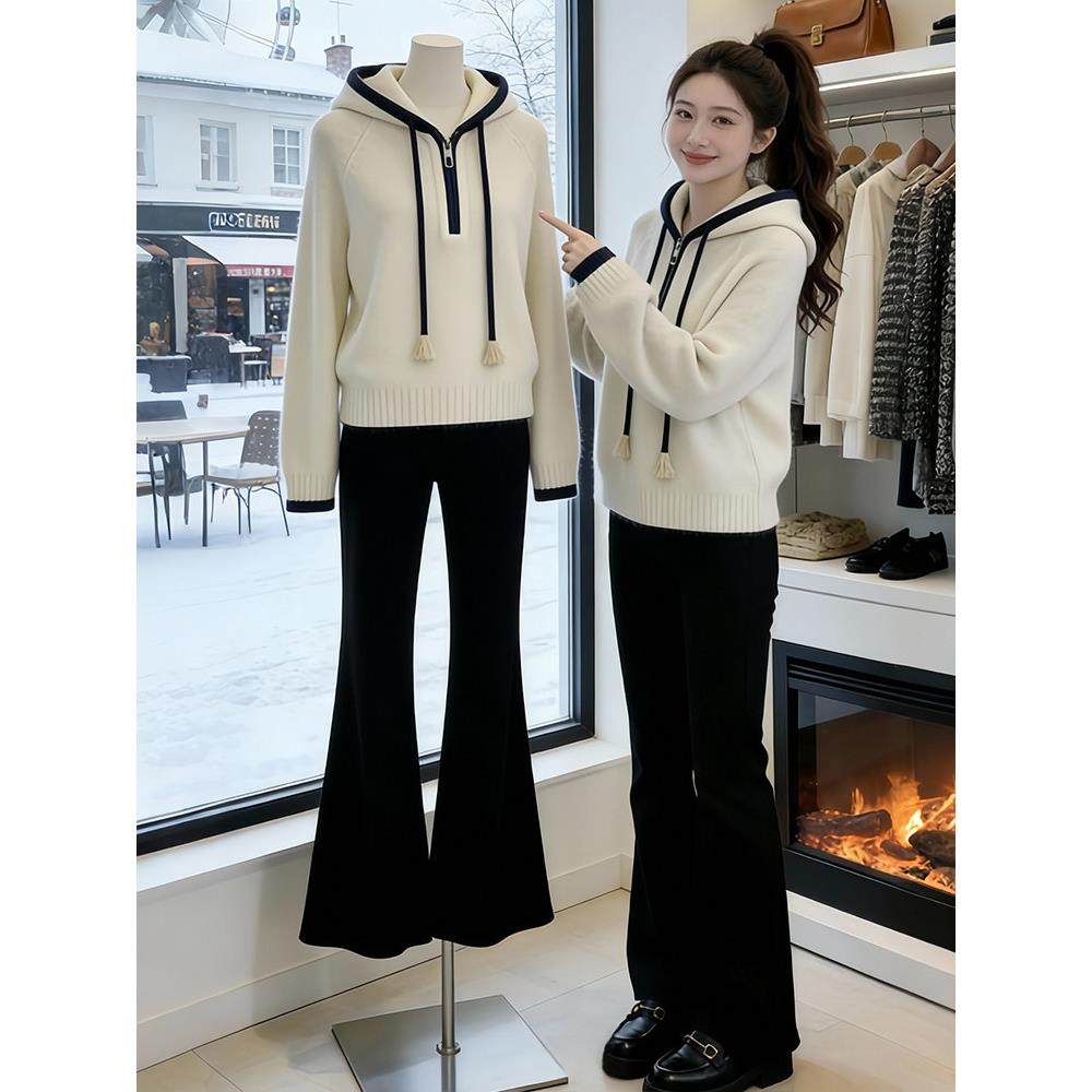 今年流行的爆款抽绳针织衫女装2026年秋冬新款半拉链连帽毛衣外套