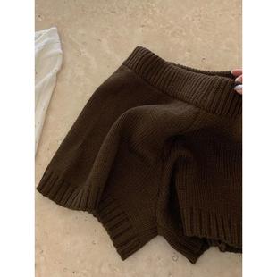 美拉德穿搭咖色针织短裤女秋冬季2025新款宽松外穿裤子打底毛线裤