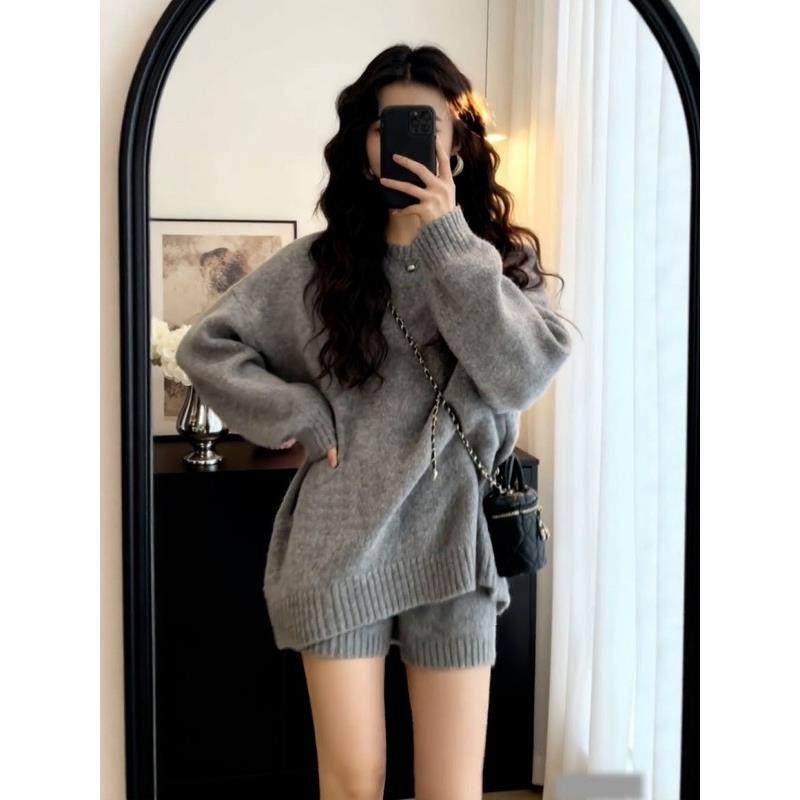 一整套搭配秋装女韩系慵懒风灰色长袖套头毛衣高腰短裤子两件套装,女装/女士精品,时尚套装,淘宝优惠券,粉丝福利购,淘宝优惠卷