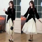 法式 赫本风亮片网纱拼接丝绒连衣裙女装 2025初秋新款 名媛气质长裙