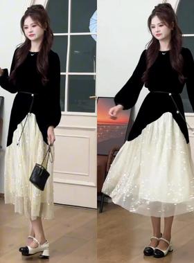 赫本风亮片网纱拼接丝绒连衣裙女装2025初秋新款法式名媛气质长裙