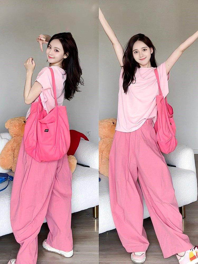 炸街减龄温柔t恤阔腿裤休