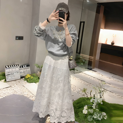 蕾丝边卫衣网纱半身裙套装