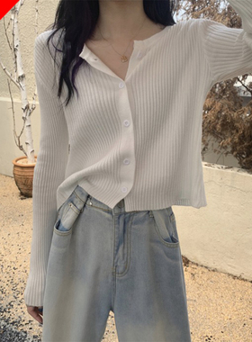 白色针织开衫女薄款毛衣春秋外套bm风上衣小香风外搭辣妹穿搭tb潮