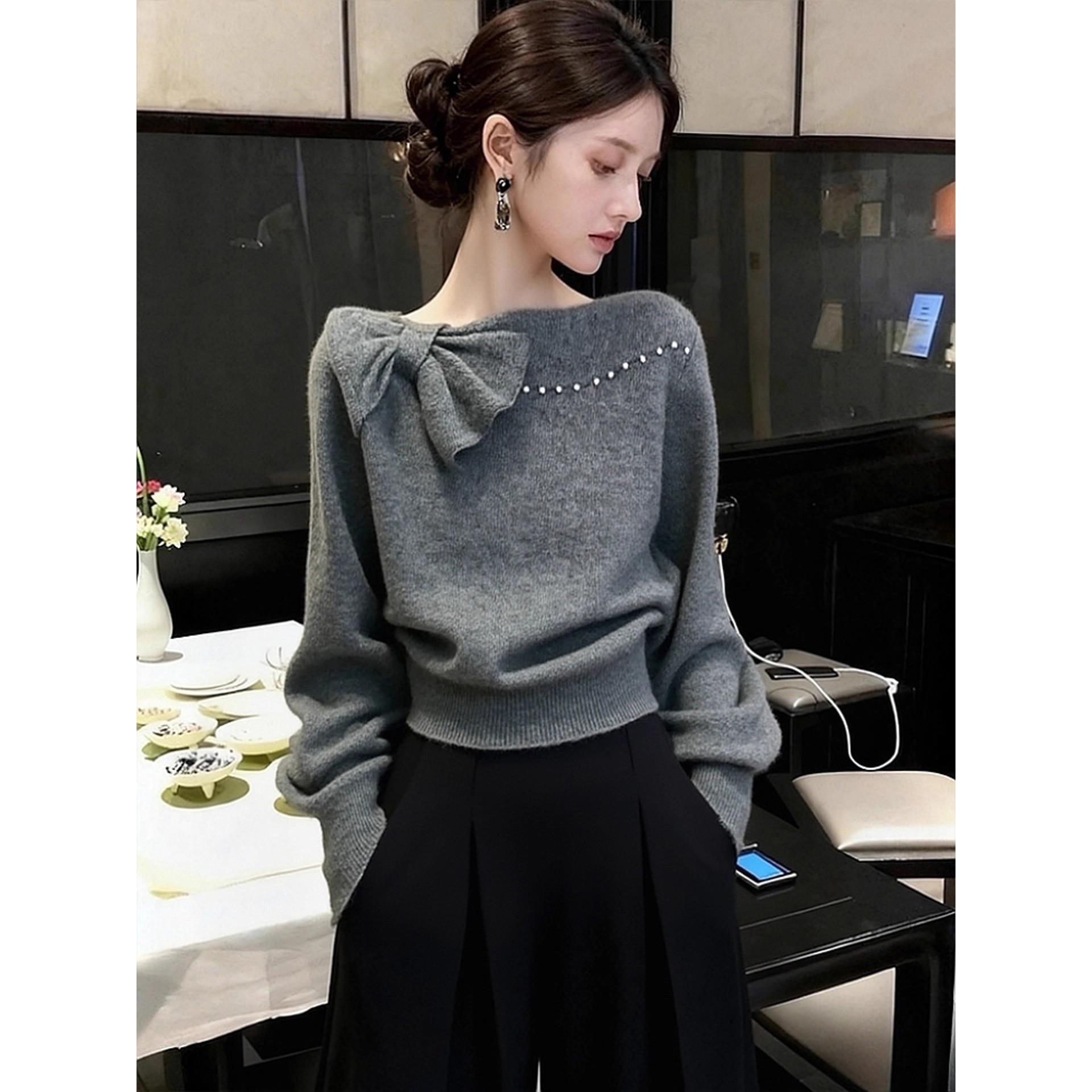 巨好看灰色蝴蝶结针织衫