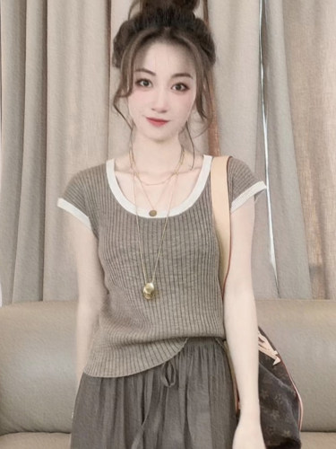 撞色薄款冰丝针织衫女短袖