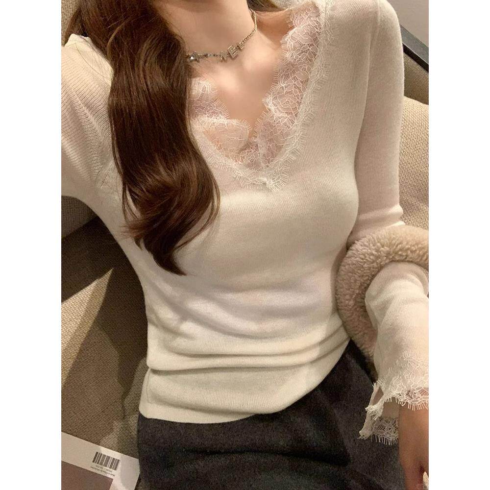 纯欲高级感白色蕾丝V领针织打底衫女春秋修身毛衣内搭气质小上衣,女装/女士精品,毛针织衫,淘宝优惠券,粉丝福利购,淘宝优惠卷