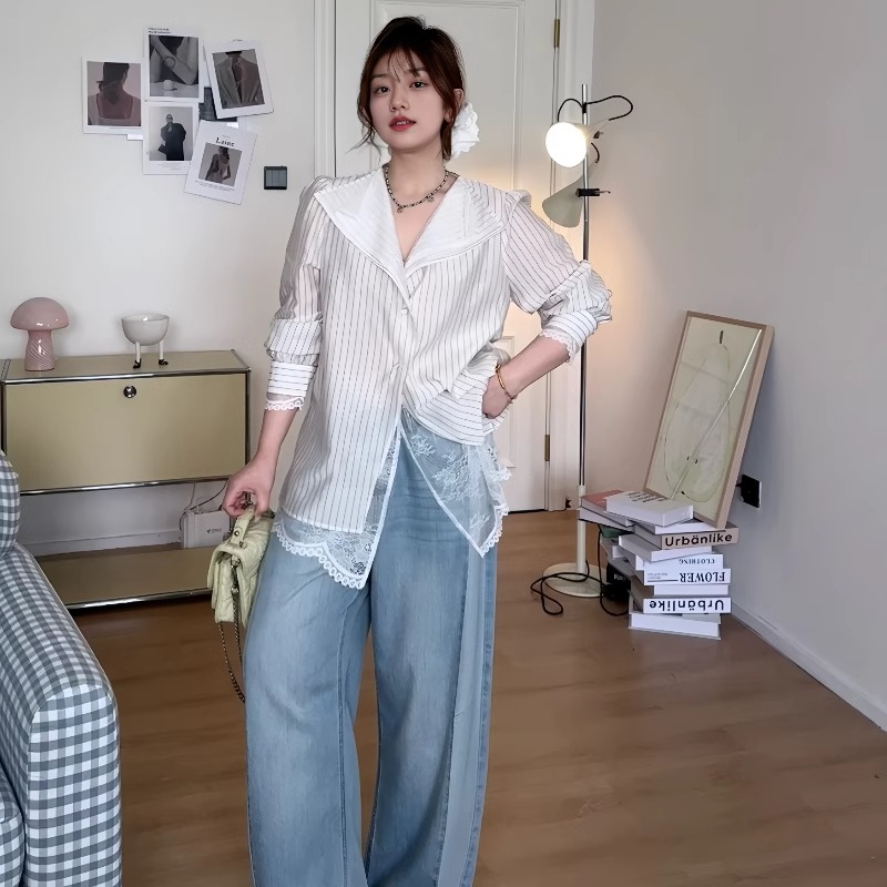 蕾丝条纹衬衫假两件小衫