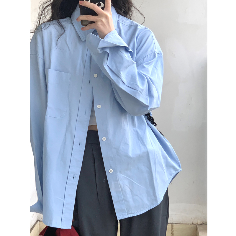 设计感高级蓝色衬衫女士衬衣外套上衣春秋季2025年新款小个子小众