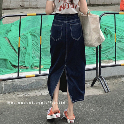 中长裙A字通勤型深蓝色牛仔