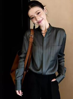 深灰半开领条纹宽松衬衣衬衫2026早春季法式轻奢洋气高级感上衣女