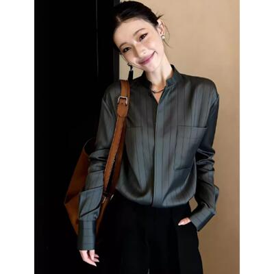 深灰半开领条纹宽松衬衫