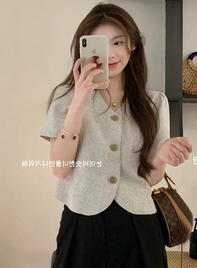 法式小香风短袖外套女夏季名媛高级感短款通勤小西装薄款开衫上衣