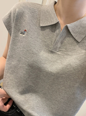 灰色polo衫冰丝针织短袖t恤女夏新款小个子翻领百搭显瘦正肩上衣