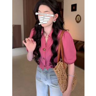 女士夏季 衬衫 独特别致漂亮宽松雪纺上衣 气质小众粉色翻领短袖 法式