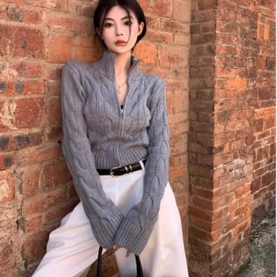 美式复古高领麻花毛衣开衫