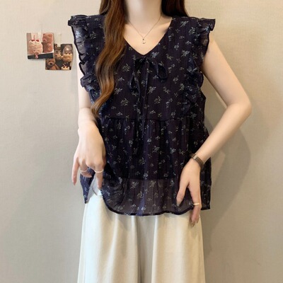 微胖高级感碎花小飞袖衬衫