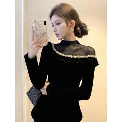 绝美漂亮网纱拼接丝绒T恤