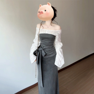 法式高级感蕾丝拼接露肩上衣女2025新款早秋季一字肩收腰长袖衬衫