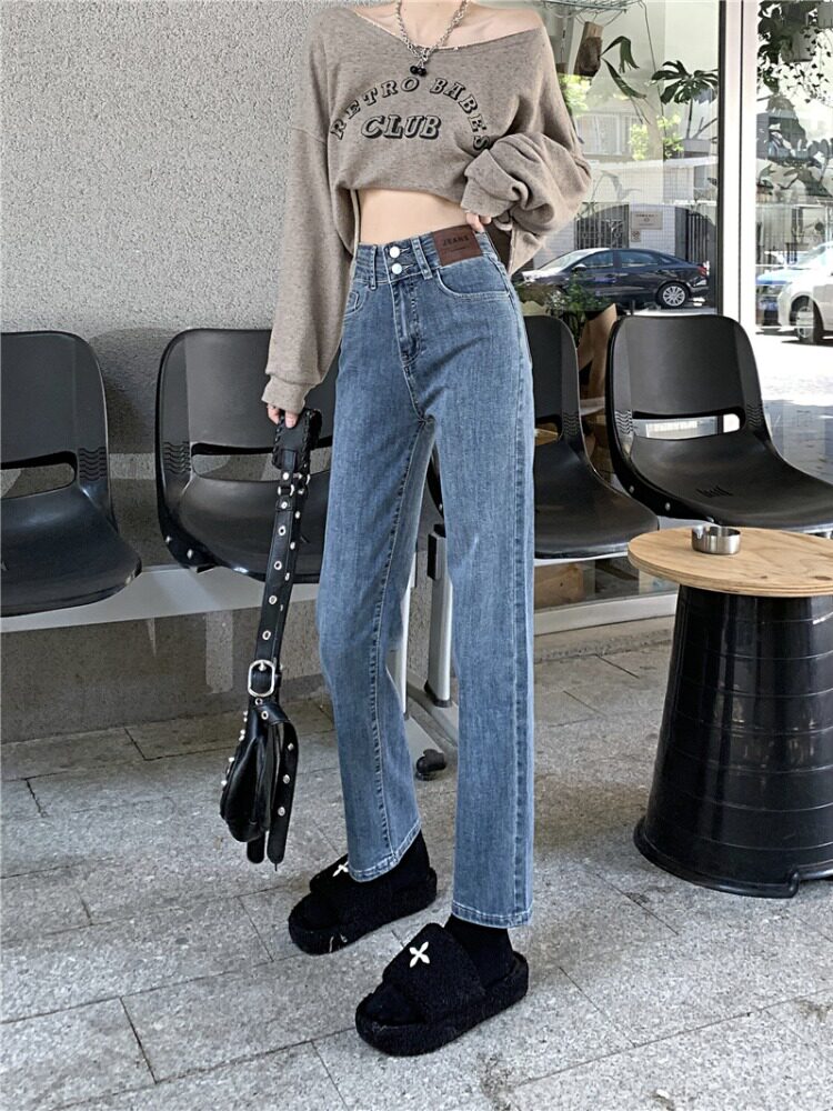 SUMMER 2024 NEW HIGH-WAISTED SLIM SMALL STRAIGHT CROPPED PANTS WOMENS LOOSE DENIM PIPE PANTS SPRING AND AUTUMN