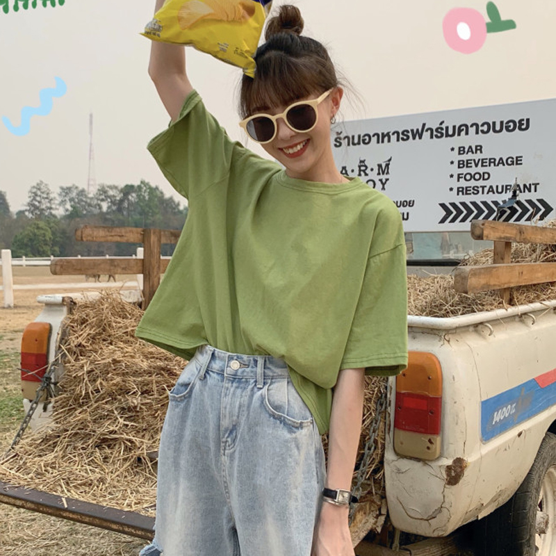 夏装2019新款韩版牛油果绿短袖网红T恤女装百搭宽松绿色上衣ins潮10-28新券