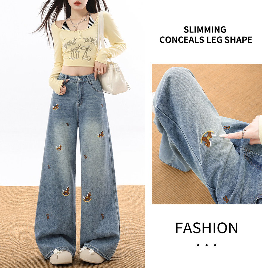 加长版刺绣阔腿牛仔裤女2026春夏季新款高腰宽松百搭显瘦直筒长裤