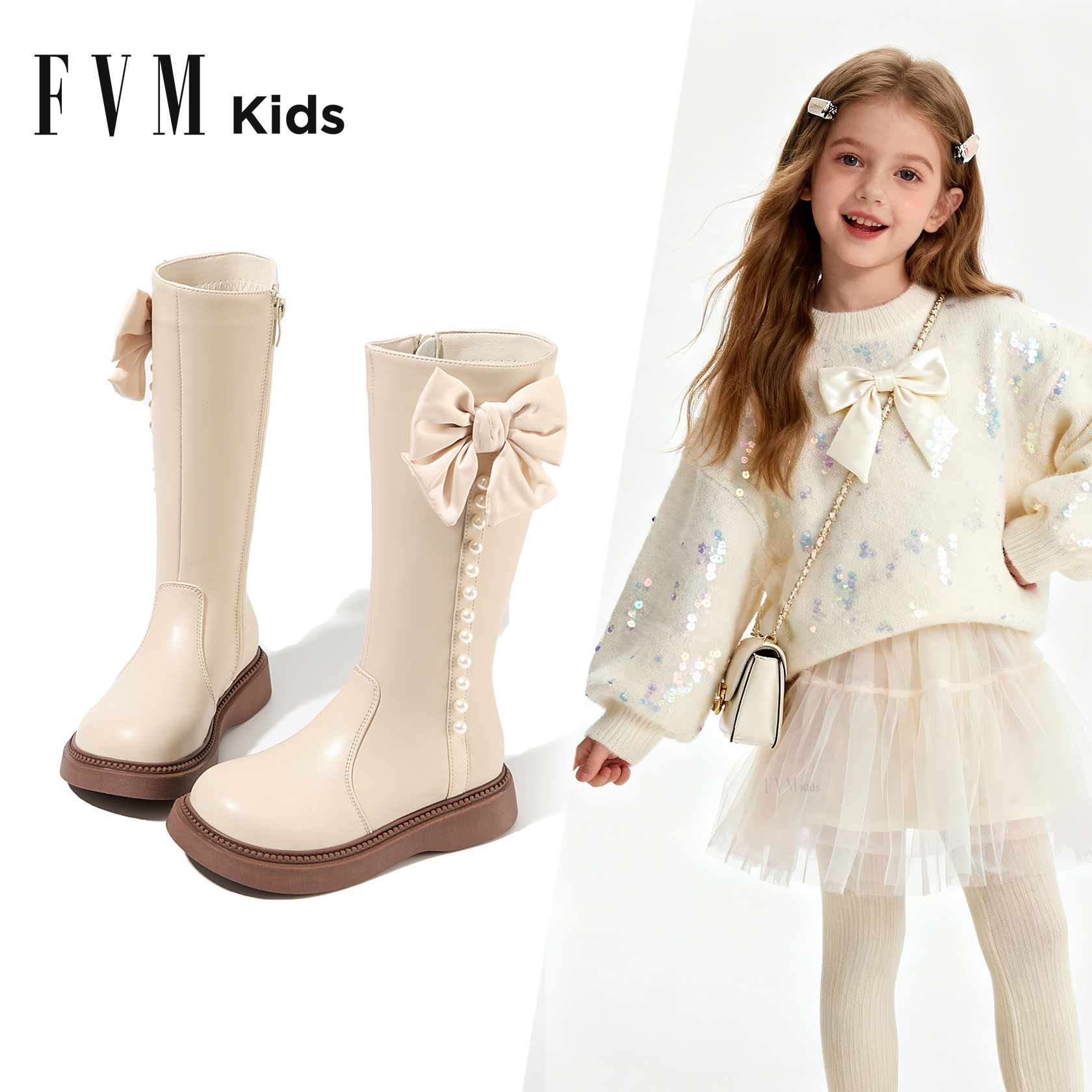FVM女童白色靴子儿童长筒长靴2025新款秋冬季加绒小公主洋气皮靴