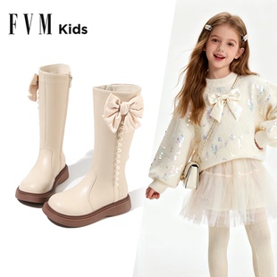 FVM女童白色靴子儿童长筒长靴2025新款秋冬季加绒小公主洋气皮靴