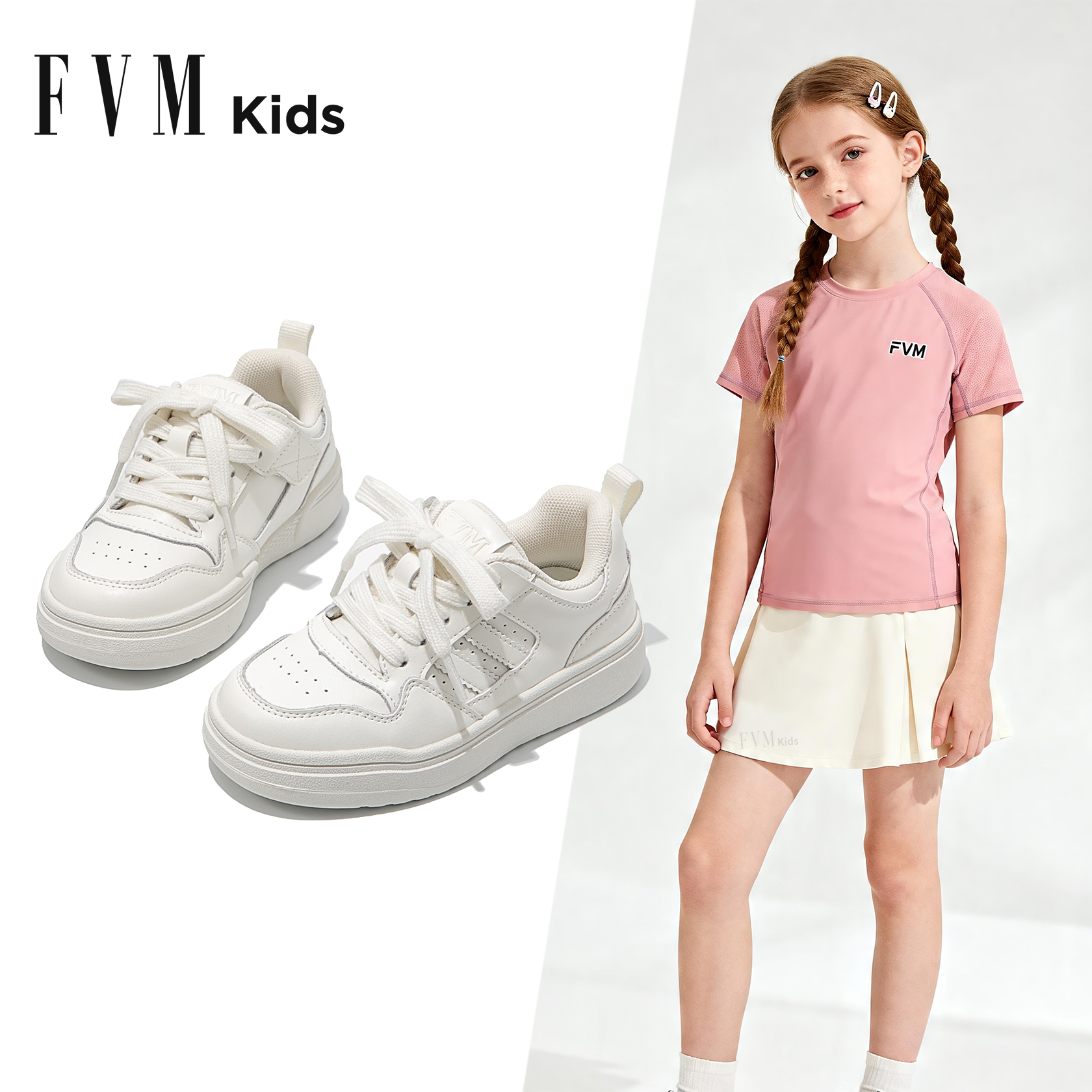 FVM夏季女孩白色透气运动板鞋