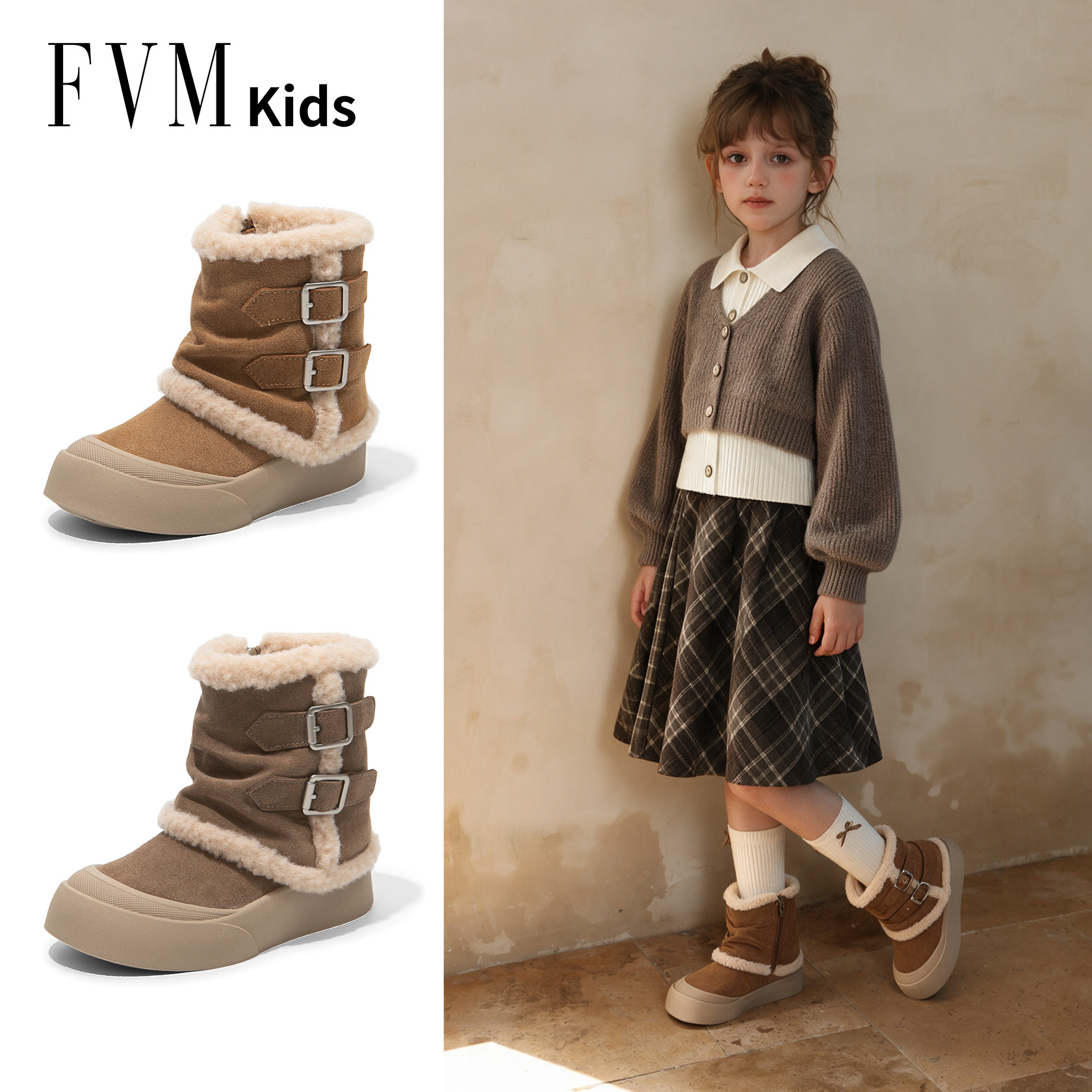 FVM女童冬季东北加绒保暖雪地靴