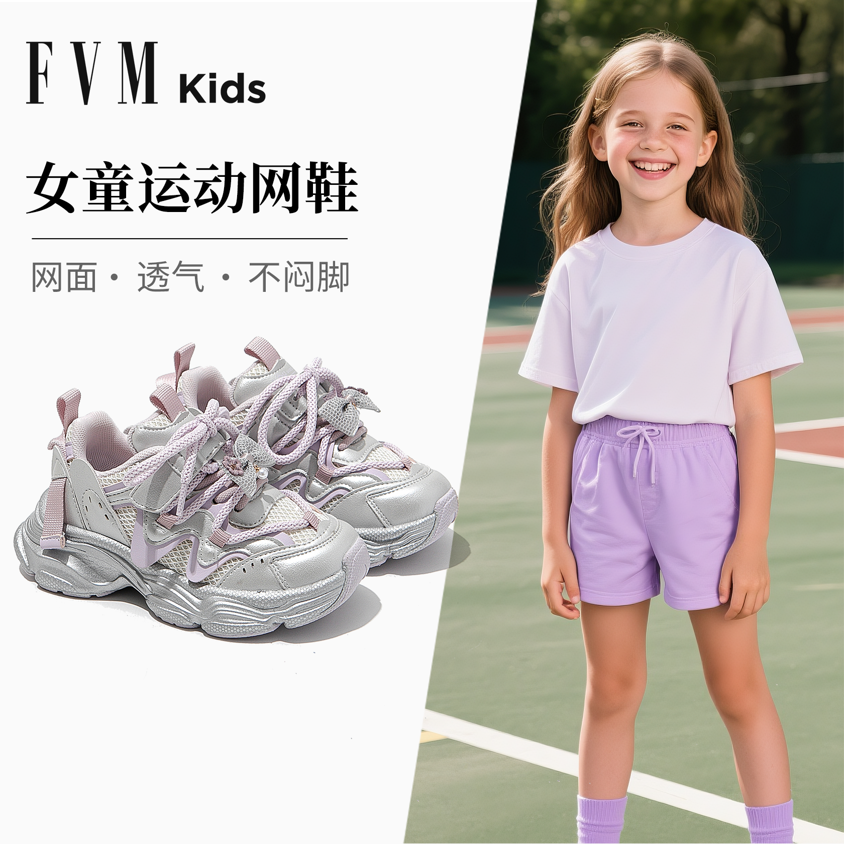 FVM女童运动老爹网鞋儿童鞋子2025新款夏季女孩网面透气女款跑步