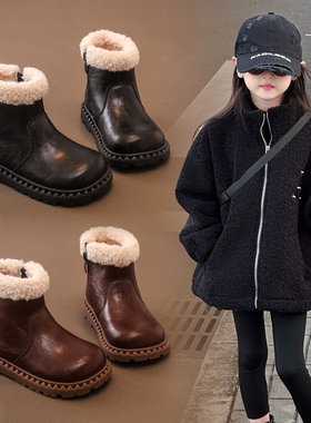 女童鞋子儿童马丁短靴子2025新款加绒棉鞋秋冬季女宝宝雪地靴皮靴
