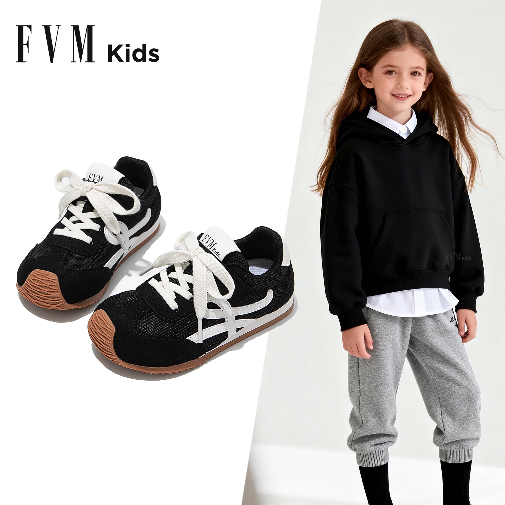 FVM女童鞋子儿童黑色德训运动板鞋2026新款春季软底巨好看中大童