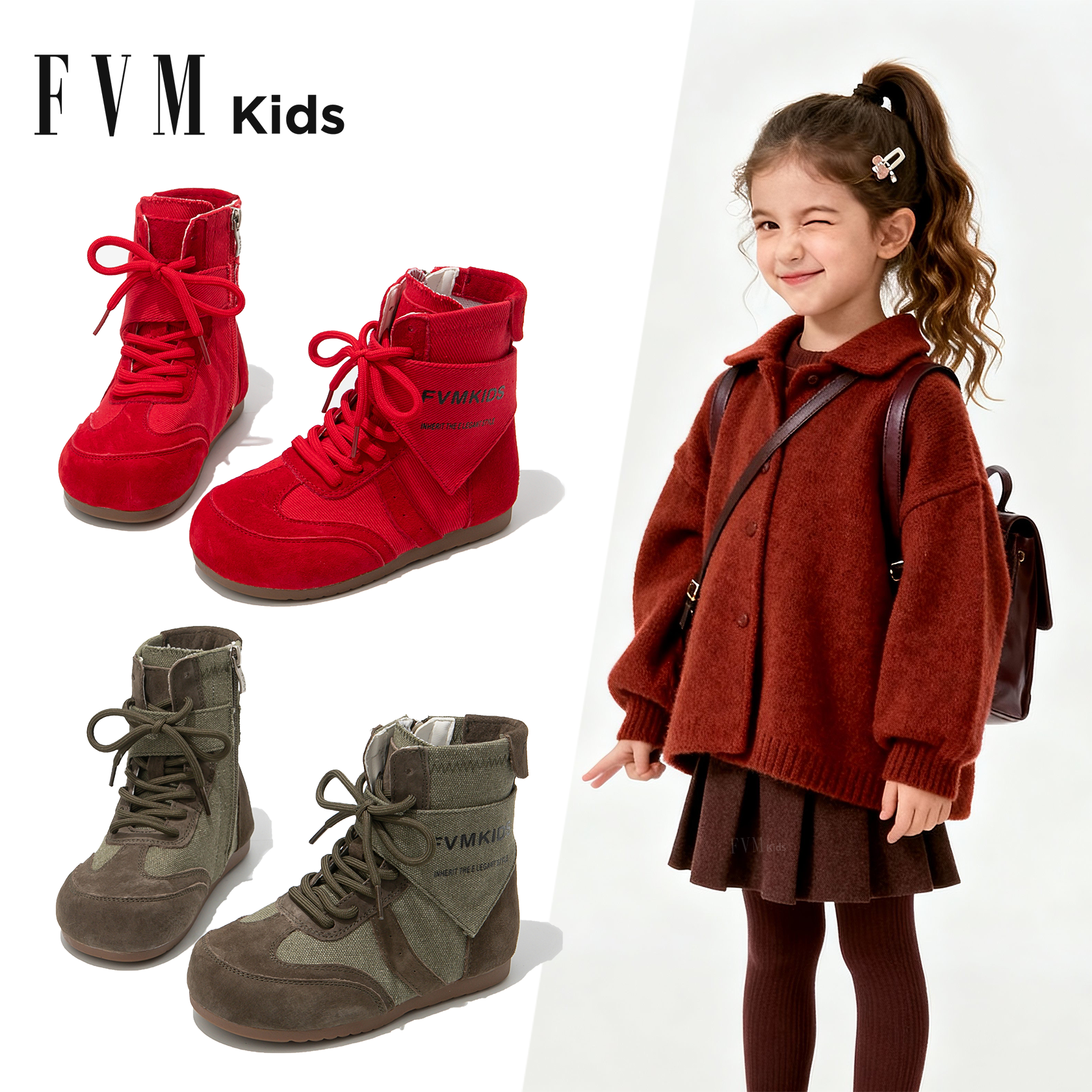 女童鞋子儿童红色马丁短靴2025新款秋冬洋气女孩软底中筒德训靴子