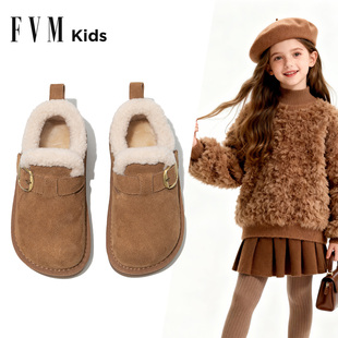 FVM女童真皮勃肯鞋儿童毛毛鞋2025新款冬季大棉鞋中大童保暖棉鞋