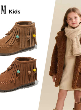 女童鞋子儿童二棉鞋2025新款秋冬季加绒靴子女孩冬鞋大棉勃肯流苏