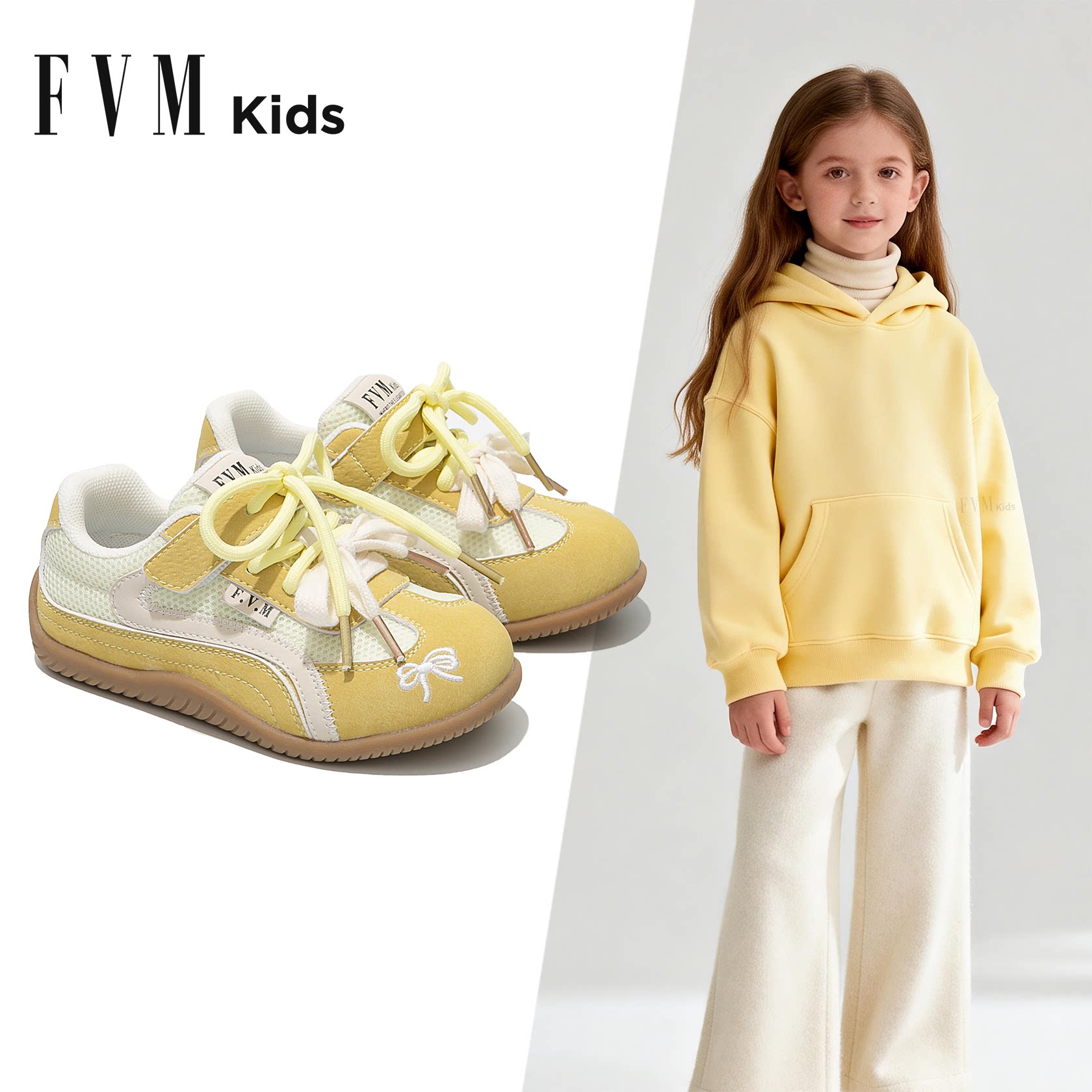 FVM女童鞋子儿童黄色德训运动板鞋2026新款女款春季软底轻便大童