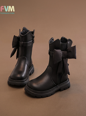 女童靴子儿童鞋子2025新款冬季中长筒高筒公主加绒女宝宝马丁皮靴