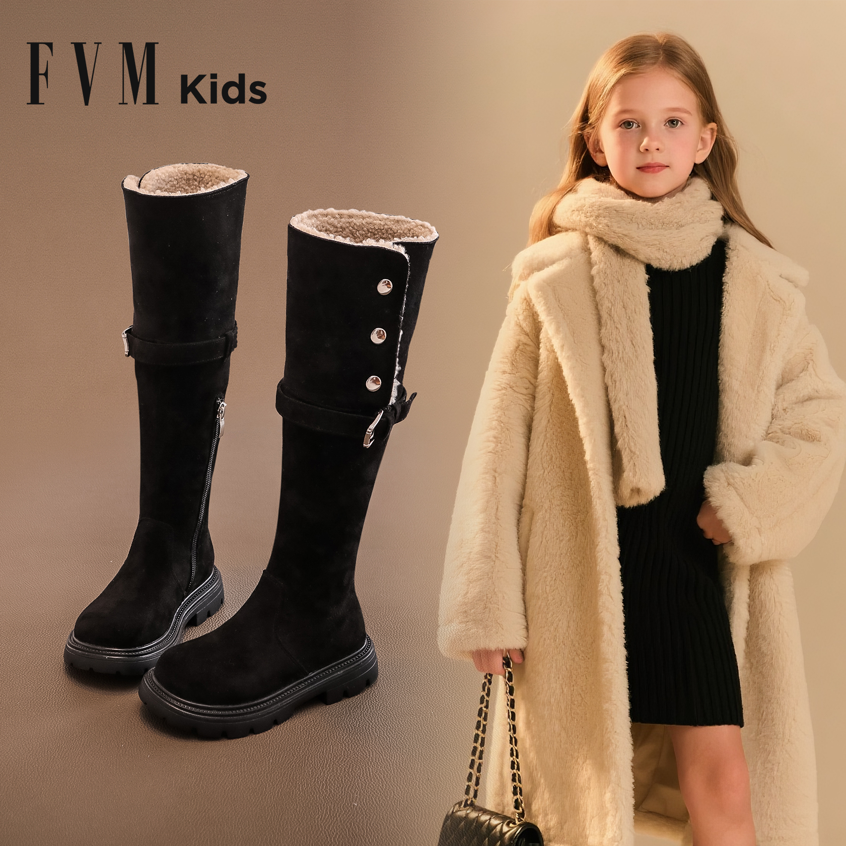 美拉德风女童两穿长筒冬靴