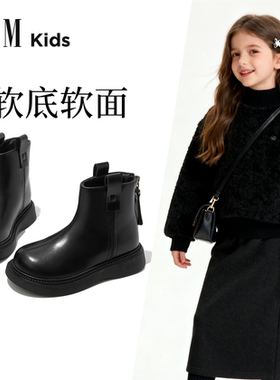 女童靴子儿童马丁靴2025新款冬季加绒皮靴软底女宝宝超火黑色短靴