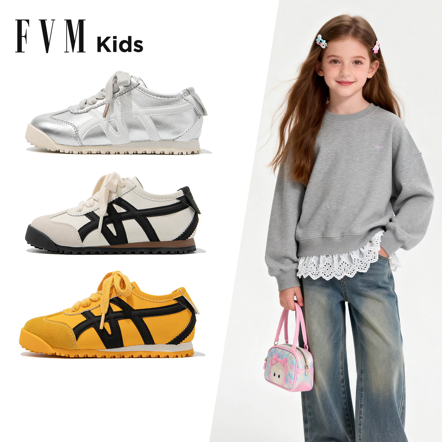 FVM女童银色鞋子儿童德训运动板鞋2026新款春季大童休闲软底男童